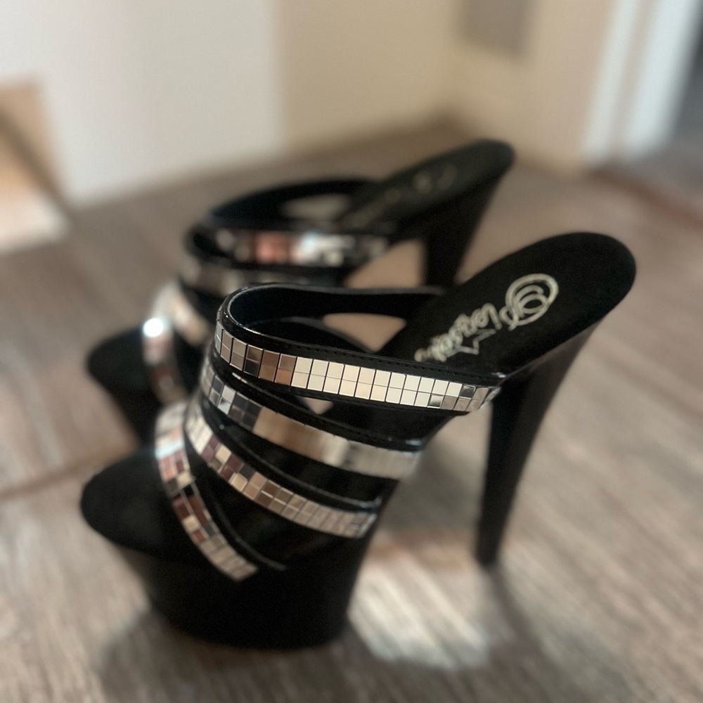 Pleaser Black and Silver Strappy Heels